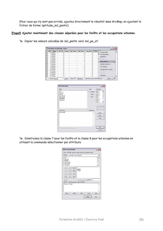 Formation ArcGIS / Exercice final 151
(Pour ceux qui n’y sont pas arrivés, ajoutez directement le résultat dans ArcMap, en ajoutant le
fichier de forme ‘aptitude_sol_pente’).
Etape5 Ajouter maintenant des classes séparées pour les forêts et les occupations urbaines.
Copier les valeurs calculées de ‘sol_pente’ vers ‘sol_pe_ot’
Construisez la classe 7 pour les forêts et la classe 8 pour les occupations urbaines en
utilisant la commande sélectionner par attributs.
 