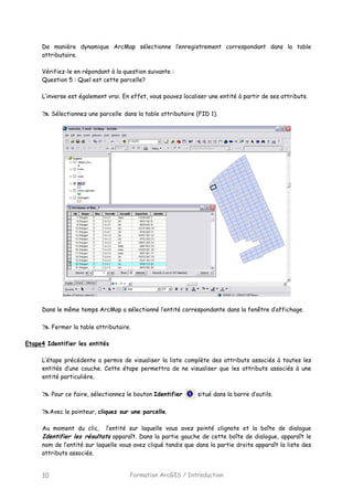Formation ArcGIS / Introduction10
De manière dynamique ArcMap sélectionne l’enregistrement correspondant dans la table
attributaire.
Vérifiez-le en répondant à la question suivante :
Question 5 : Quel est cette parcelle?
L’inverse est également vrai. En effet, vous pouvez localiser une entité à partir de ses attributs.
Sélectionnez une parcelle dans la table attributaire (FID 1).
Dans le même temps ArcMap a sélectionné l’entité correspondante dans la fenêtre d’affichage.
Fermer la table attributaire.
Etape4 Identifier les entités
L’étape précédente a permis de visualiser la liste complète des attributs associés à toutes les
entités d’une couche. Cette étape permettra de ne visualiser que les attributs associés à une
entité particulière.
Pour ce faire, sélectionnez le bouton Identifier situé dans la barre d’outils.
Avec le pointeur, cliquez sur une parcelle.
Au moment du clic, l’entité sur laquelle vous avez pointé clignote et la boîte de dialogue
Identifier les résultats apparaît. Dans la partie gauche de cette boîte de dialogue, apparaît le
nom de l’entité sur laquelle vous avez cliqué tandis que dans la partie droite apparaît la liste des
attributs associés.
 