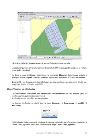Formation ArcGIS / Introduction 13
L’échelle actuelle des données permet de voir parfaitement chaque parcelle.
Le géosignet parcelle affiche les données à l’échelle 1:1000 (cela dépend bien sûr de la taille de
votre fenêtre ArcMap).
Dans le menu Affichage, sélectionnez la commande Géosignet. Sélectionnez ensuite le
géosignet indiqué Original. Observez l’échelle à laquelle sont maintenant affichées les données...
Question 12 : Les données sont-elles affichées à une plus grande ou à une plus petite échelle que
lorsqu’elles étaient affichées au 1:10000 ?
Etape6 Visualiser les métadonnées
Les métadonnées contiennent des informations complémentaires sur les données (date de
création, auteur, système de projection ...).
ArcCatalog permet d’accéder aux métadonnées.
Ouvrez ArcCatalog en allant dans le menu Démarrer Programmes ArcGIS
ArcCatalog.
Développez l’arborescence du catalogue de manière à atteindre les informations concernant la
couche Zones_agricoles située sous l’arborescence Arcgis1Kou Zones_agricoles.
 