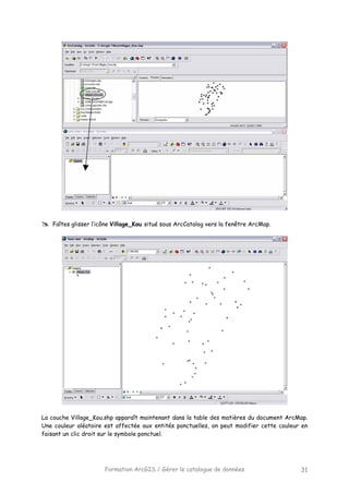 Formation ArcGIS / Gérer le catalogue de données 31
Faîtes glisser l’icône Village_Kou situé sous ArcCatalog vers la fenêtre ArcMap.
La couche Village_Kou.shp apparaît maintenant dans la table des matières du document ArcMap.
Une couleur aléatoire est affectée aux entités ponctuelles, on peut modifier cette couleur en
faisant un clic droit sur le symbole ponctuel.
 