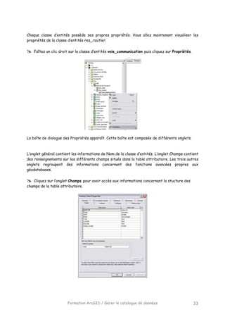 Formation ArcGIS / Gérer le catalogue de données 33
Chaque classe d’entités possède ses propres propriétés. Vous allez maintenant visualiser les
propriétés de la classe d’entités res_routier.
Faîtes un clic droit sur la classe d’entités voie_communication puis cliquez sur Propriétés.
La boîte de dialogue des Propriétés apparaît. Cette boîte est composée de différents onglets.
L’onglet général contient les informations de Nom de la classe d’entités. L’onglet Champs contient
des renseignements sur les différents champs situés dans la table attributaire. Les trois autres
onglets regroupent des informations concernant des fonctions avancées propres aux
géodatabases.
Cliquez sur l’onglet Champs pour avoir accès aux informations concernant la stucture des
champs de la table attributaire.
 