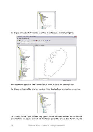 Formation ArcGIS / Gérer le catalogue de données36
Cliquez sur Koud.dxf et visualiser le contenu de cette couche sous l’onglet Aperçu.
Vous pouvez voir apparaitre Koud constitué par le bassin du Kou et les zones agricoles.
Cliquez sur le signe Plus situé au regard du fichier Koud.dxf pour en visualiser son contenu.
Le fichier CAO/DAO peut contenir cinq types d’entités différents répartis en cinq couches
d’informations. Une couche contient les Annotations (étiquettes créées dans AUTOCAD), une
 