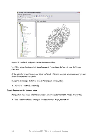Formation ArcGIS / Gérer le catalogue de données38
Ajouter la couche de polygones à votre document ArcMap.
Faîtes glisser la classe d’entités polygones du fichier Koud.dxf vers la zone d’affichage
d’ArcMap.
Si les données ne contiennent pas d’information de référence spatiale, un message avertira que
la couche ne peut être projetée.
Changer la symbologie du fichier Koud.dxf en cliquant sur le symbole
Activez la fenêtre d’ArcCatalog.
Etape8 Exploration des données image
Manipulation d’une image satellitaire Landsat convertie au format TIFF. Allez à Arcgis1Kou
Dans l’arborescence du catalogue, cliquez sur l’image image_landsat.tif.
 