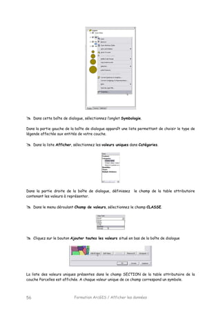 Formation ArcGIS / Afficher les données56
Dans cette boîte de dialogue, sélectionnez l’onglet Symbologie.
Dans la partie gauche de la boîte de dialogue apparaît une liste permettant de choisir le type de
légende affectée aux entités de votre couche.
Dans la liste Afficher, sélectionnez les valeurs uniques dans Catégories.
Dans la partie droite de la boîte de dialogue, définissez le champ de la table attributaire
contenant les valeurs à représenter.
Dans le menu déroulant Champ de valeurs, sélectionnez le champ CLASSE.
Cliquez sur le bouton Ajouter toutes les valeurs situé en bas de la boîte de dialogue
La liste des valeurs uniques présentes dans le champ SECTION de la table attributaire de la
couche Parcelles est affichée. A chaque valeur unique de ce champ correspond un symbole.
 