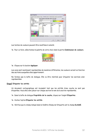 Formation ArcGIS / Afficher les données 57
Les teintes de couleurs peuvent être modifiées à volonté.
Pour ce faire, sélectionnez la palette de votre choix dans la partie Combinaison de couleurs.
Cliquez sur le bouton Appliquer.
Les voies sont maintenant représentées de manières différentes, les couleurs variant en fonction
des sections auxquelles elles appartiennent.
Ne fermez pas la boîte de dialogue. Elle va être réutilisé pour étiqueter les sections ainsi
représentées.
Etape7 Etiqueter les entités
Un document cartographique est incomplet tant que les entités d’une couche ne sont pas
étiquetées. Vous allez donc placer sur chaque section le nom de la section représentée.
Dans la boîte de dialogue Propriétés de la couche, cliquez sur l’onglet Etiquettes
Cochez l’option Etiqueter les entités
Vérifiez que le champ indiqué dans la fenêtre Champ de l’étiquette est le champ CLASSE.
 