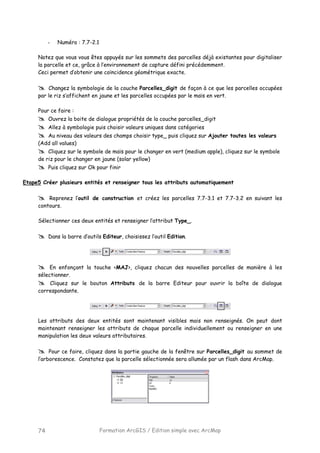 Formation ArcGIS / Edition simple avec ArcMap74
- Numéro : 7.7-2.1
Notez que vous vous êtes appuyés sur les sommets des parcelles déjà existantes pour digitaliser
la parcelle et ce, grâce à l’environnement de capture défini précédemment.
Ceci permet d’obtenir une coïncidence géométrique exacte.
Changez la symbologie de la couche Parcelles_digit de façon à ce que les parcelles occupées
par le riz s’affichent en jaune et les parcelles occupées par le maïs en vert.
Pour ce faire :
Ouvrez la boite de dialogue propriétés de la couche parcelles_digit
Allez à symbologie puis choisir valeurs uniques dans catégories
Au niveau des valeurs des champs choisir type_ puis cliquez sur Ajouter toutes les valeurs
(Add all values)
Cliquez sur le symbole de maïs pour le changer en vert (medium apple), cliquez sur le symbole
de riz pour le changer en jaune (solar yellow)
Puis cliquez sur Ok pour finir
Etape5 Créer plusieurs entités et renseigner tous les attributs automatiquement
Reprenez l’outil de construction et créez les parcelles 7.7-3.1 et 7.7-3.2 en suivant les
contours.
Sélectionner ces deux entités et renseigner l’attribut Type_.
Dans la barre d’outils Editeur, choisissez l’outil Edition.
En enfonçant la touche <MAJ>, cliquez chacun des nouvelles parcelles de manière à les
sélectionner.
Cliquez sur le bouton Attributs de la barre Editeur pour ouvrir la boîte de dialogue
correspondante.
Les attributs des deux entités sont maintenant visibles mais non renseignés. On peut dont
maintenant renseigner les attributs de chaque parcelle individuellement ou renseigner en une
manipulation les deux valeurs attributaires.
Pour ce faire, cliquez dans la partie gauche de la fenêtre sur Parcelles_digit au sommet de
l’arborescence. Constatez que la parcelle sélectionnée sera allumée par un flash dans ArcMap.
 