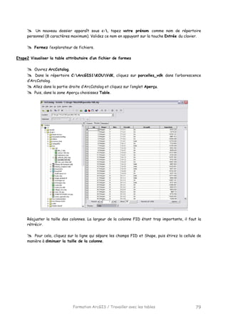 Formation ArcGIS / Travailler avec les tables 79
Un nouveau dossier apparaît sous c:, tapez votre prénom comme nom de répertoire
personnel (8 caractères maximum). Validez ce nom en appuyant sur la touche Entrée du clavier.
Fermez l’explorateur de fichiers.
Etape2 Visualiser la table attributaire d’un fichier de formes
Ouvrez ArcCatalog.
Dans le répertoire C:ArcGIS1KOUVdK, cliquez sur parcelles_vdk dans l’arborescence
d’ArcCatalog.
Allez dans la partie droite d’ArcCatalog et cliquez sur l’onglet Aperçu.
Puis, dans la zone Aperçu choisissez Table.
Réajuster la taille des colonnes. La largeur de la colonne FID étant trop importante, il faut la
rétrécir.
Pour cela, cliquez sur la ligne qui sépare les champs FID et Shape, puis étirez la cellule de
manière à diminuer la taille de la colonne.
 