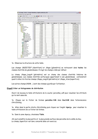 Formation ArcGIS / Travailler avec les tables82
Observez la structure de cette table.
Les champs OBJECTID* (identifiant) et Shape (géométrie) se retrouvent dans toutes les
classes d’entités de géodatabases. Il s’agit de champs créés par défaut.
Le champ Shape_Length (périmètre) est un champ des classes d’entités linéaires de
géodatabases. Les classes d’entités surfaciques appartenant à une géodatabase contiendront
quant à elles à la fois les champs Shape_Length (périmètre) et Shape_Area (superficie).
Les autres champs (NOM ...) sont des champs ajoutés par l’utilisateur.
Etape5 Créer un histogramme de distribution
Ouvrir de nouveau la table attributaire de la couche ‘parcelles_vdk’ pour visualiser les attributs
qui lui sont associés.
Cliquez sur le fichier de formes parcelles-Vdk dans KouVdK dans l’arborescence
d’ArcCatalog.
Allez dans la partie droite d’ArcCatalog puis cliquez sur l’onglet Aperçu pour visualiser la
table attributaire de ce fichier de formes.
Dans la zone Aperçu, choisissez Table.
On veut connaître la plus petite et la plus grande surface des parcelles de la vallée du Kou.
Le champ Superficie est donc concerné dans cet exercice.
 