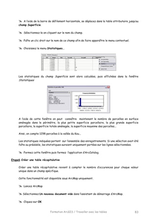 Formation ArcGIS / Travailler avec les tables 83
A l’aide de la barre de défilement horizontale, se déplacez dans la table attributaire jusqu’au
champ Superficie.
Sélectionnez-le en cliquant sur le nom du champ.
Faîte un clic droit sur le nom de ce champ afin de faire apparaître le menu contextuel.
Choisissez le menu Statistiques...
Les statistiques du champ Superficie sont alors calculées, puis affichées dans la fenêtre
Statistiques
A l’aide de cette fenêtre on peut connaître maintenant le nombre de parcelles en surface
aménagée dans le périmètre, la plus petite superficie parcellaire, la plus grande superficie
parcellaire, la superficie totale aménagée, la superficie moyenne des parcelles...
Ainsi, on compte 1298 parcelles à la vallée du Kou...
Les statistiques indiquées portent sur l’ensemble des enregistrements. Si une sélection avait été
faîte au préalable, les statistiques auraient uniquement portées sur les lignes sélectionnées.
Fermez cette fenêtre puis fermez l’application d’ArcCatalog.
Etape6 Créer une table récapitulative
Créer une table récapitulative revient à compter le nombre d’occurences pour chaque valeur
unique dans un champ spécifique.
Cette fonctionnalité est disponible sous ArcMap uniquement.
Lancez ArcMap
Sélectionnez Un nouveau document vide dans l’assistant de démarrage d’ArcMap.
Cliquez sur OK
 