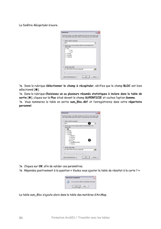Formation ArcGIS / Travailler avec les tables86
La fenêtre Récapituler s’ouvre.
Dans la rubrique Sélectionner le champ à récapituler, vérifiez que le champ BLOC est bien
sélectionné [ ].
Dans la rubrique Choisissez un ou plusieurs résumés statistiques à inclure dans la table de
sortie [ ], cliquez sur le Plus situé devant le champ SUPERFICIE et cochez l’option Somme.
Vous nommerez la table en sortie sum_Bloc.dbf et l’enregistrerez dans votre répertoire
personnel.
Cliquez sur OK afin de valider ces paramètres.
Répondez positivement à la question « Voulez vous ajouter la table de résultat à la carte ? »
La table sum_Bloc s’ajoute alors dans la table des matières d’ArcMap.
 