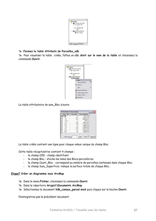 Formation ArcGIS / Travailler avec les tables 87
Fermez la table Attributs de Parcelles_vdk.
Pour visualiser la table créée, faîtes un clic droit sur le nom de la table et choisissez la
commande Ouvrir.
La table attributaire de sum_Bloc s’ouvre.
La table créée contient une ligne pour chaque valeur unique du champ Bloc.
Cette table récapitulative contient 4 champs :
- le champ OID : champ identifiant
- le champ Bloc : stocke les noms des Blocs parcellaires.
- le champ Count_Bloc : correspond au nombre de parcelles contenues dans chaque Bloc.
- le champ Sum_Superficie: indique la surface totale de chaque Bloc.
Etape7 Créer un diagramme sous ArcMap
Dans le menu Fichier, choisissez la commande Ouvrir.
Dans le répertoire Arcgis1Documents ArcMap
Sélectionnez le document Vdk_canaux_parcel.mxd puis cliquez sur le bouton Ouvrir.
N’enregistrez pas le précédent document.
 