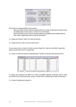 Formation ArcGIS / Travailler avec les tables92
Cette boite de dialogue présente deux options :
- Dans la première option lorsqu’un enregistrement de la table de destination (cible) n’a pas
de données dans la table jointe, la valeur 0 lui est attribuée.
- Dans la deuxième option, seuls les enregistrements qui possèdent des données dans les
deux tables apparaissent dans la table de destination.
Cliquez sur Ok pour revenir à la table de jointure
Cliquez encore sur Ok, une autre table s’ouvre
Si vous voulez créer un index à la table à joindre cliquez Oui. Dans le cas échéant cliquez Non.
Dans le cas de notre exercice cliquez Non.
Ouvrez la table attributaire de parcelles pour visualiser la nouvelle table après jointure.
Le champ des occupations de 2006 de la table ‘occup2006’ apparaît maintenant dans la table
attributaire de la couche ‘parcelles’, et peut, si désiré, être visualisé dans la table des matières.
Fermez ArcMap sans enregistrer.
 