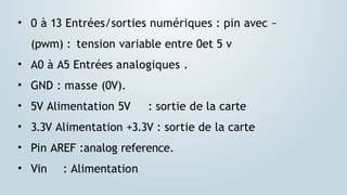 • 0 à 13 Entrées/sorties numériques : pin avec ~
(pwm) : tension variable entre 0et 5 v
• A0 à A5 Entrées analogiques .
• GND : masse (0V).
• 5V Alimentation 5V : sortie de la carte
• 3.3V Alimentation +3.3V : sortie de la carte
• Pin AREF :analog reference.
• Vin : Alimentation
 