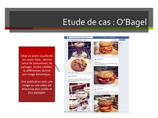 Etude de cas : O’Bagel
Mise en avant visuelle de
ses savoir-faire : donner
envie de consommer, de
partager, rendre crédible,
se différencier, donner
une image dynamique…
Une publication avec une
image ou une vidéo est
beaucoup plus visible et
plus partagée.
 