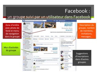 Facebook :
un groupe suivi par un utilisateur dans Facebook
Zone d’entête
avec photo de
fond et menu
de navigation
dans le groupe
Mur d’activités
du groupe
Description du
groupe, nombre
de membres,
invitations,
messages…
Suggestions
d’inscriptions
dans d’autres
groupes
 