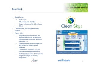 Clean Sky 2 
29 
• Quick facts : 
‒ 2014 - 2017 
‒ 800 participants attendus 
‒ Budget prévisionnel de 1,8 milliards 
d’Euro 
• Confirmation de l’engagement du 
secteur 
• Points clés : 
• Intégration plus importances des 
démonstrateurs dans les appareils 
(aéronefs de grande taille, aéronefs 
régionaux, …) 
• Développement de technologies sur 
les cellules, les moteurs et les 
systèmes 
• Coordination transverse sur l’éco-conception 
et les petits appareils 
• Analyse indépendante et robuste des 
progrès accomplis vis-à-vis du 
programme 
 
