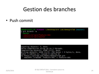 Gestion des branches
• Push commit
2426/02/2016
© SQLI GROUP 2016 – Formation autour du
Git/GitLab
 