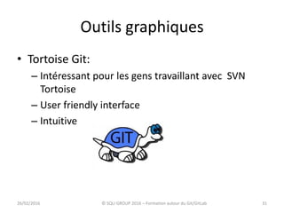 Outils graphiques
• Tortoise Git:
– Intéressant pour les gens travaillant avec SVN
Tortoise
– User friendly interface
– Intuitive
3126/02/2016 © SQLI GROUP 2016 – Formation autour du Git/GitLab
 