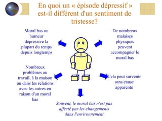 En quoi un « épisode dépressif » est-il différent d'un sentiment de tristesse? Cela peut survenir sans cause apparente Moral bas ou humeur dépressive la plupart du temps depuis longtemps Nombreux problèmes au travail, à la maison ou dans les relations avec les autres en raison d'un moral bas De nombreux malaises physiques peuvent accompagner le moral bas Souvent, le moral bas n'est pas affecté par les changements dans l'environnement 
