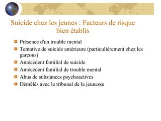 Suicide chez les jeunes : Facteurs de risque bien établis Présence d'un trouble mental  Tentative de suicide antérieure (particulièrement chez les garçons) Antécédent familial de suicide Antécédent familial de trouble mental Abus de substances psychoactives Démêlés avec le tribunal de la jeunesse 