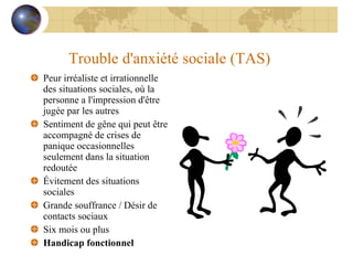 Trouble d'anxiété sociale (TAS) Peur irréaliste et irrationnelle des situations sociales, où la personne a l'impression d'être jugée par les autres Sentiment de gêne qui peut être accompagné de crises de panique occasionnelles seulement dans la situation redoutée Évitement des situations sociales Grande souffrance / Désir de contacts sociaux Six mois ou plus Handicap fonctionnel 