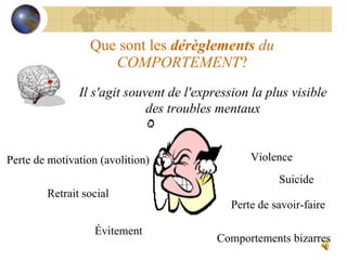 Que sont les  dérèglements  du COMPORTEMENT ? Évitement Il s'agit souvent de l'expression la plus visible des troubles mentaux Perte de motivation (avolition)  Retrait social   Perte de savoir-faire  Comportements bizarres Violence Suicide 