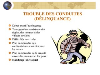 TROUBLE DES CONDUITES (DÉLINQUANCE) Début avant l'adolescence Transgression persistante des règles, des normes et des valeurs sociales Difficultés avec la loi Peut comprendre des confrontations violentes avec les autres Peut comprendre de la cruauté envers les animaux et les gens Handicap fonctionnel 