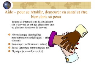 Aide – pour se rétablir, demeurer en santé et être bien dans sa peau Toutes les interventions d'aide agissent sur le cerveau et ont des effets dans une ou plusieurs fonctions du cerveau Psychologique (counseling; psychothérapies spécifiques) – effets courants Somatique (médicaments; autres) Social (groupes; communautés; etc.) Physique (sommeil, exercice) 