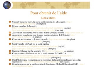 Pour obtenir de l’aide Liens utiles   Chaire Financière Sun Life sur la santé mentale des adolescents  :  http:// www.teenmentalhealth.org /  (en anglais) Réseau canadien de la santé :  http://www.canadian-health-network.ca/1mental_health.html  (anglais) http://www.phac-aspc.gc.ca/chn-rcs/index-fra.php  (français) Association canadienne pour la santé mentale, bureau national :  http:// www.acsm.ca / Association canadienne pour la santé mentale, division de l’Ontario :  http:// www.ontario.cmha.ca /  (en anglais) Centre de toxicomanie et de santé mentale :  http:// www.camh.net  (anglais) http:// www.camh.net/fr/index.html  (français) Santé Canada, site Web sur la santé mentale :  http://www.hc-sc.gc.ca/hppb/mentalhealth/index.html  (anglais) http://www.phac-aspc.gc.ca/index-fra.php  (français) National Alliance for the Mentally Ill :  http:// www.nami.org /  (en anglais) Centre national d’information sur la santé mentale de SAMHSA : http://nmhicstore.samhsa.gov/publications/Publications_browse.asp?ID =176&Topic=Mental+Illnesses%2FDisorders  (en anglais) MindMatters: une ressource pour la promotion de la santé mentale dans les écoles secondaires :  http:// www.mindmatters.edu.au/default.asp  (en anglais) Renseignements sur la santé mentale de Continuing Medical Education (CME) :  http:// www.cmellc.com /topics/ 