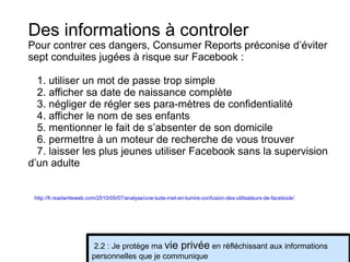 Pour contrer ces dangers, Consumer Reports préconise d’éviter sept conduites jugées à risque sur Facebook : 1. utiliser un mot de passe trop simple 2. afficher sa date de naissance complète 3. négliger de régler ses para­mètres de confidentialité 4. afficher le nom de ses enfants 5. mentionner le fait de s’absenter de son domicile 6. permettre à un moteur de recherche de vous trouver 7. laisser les plus jeunes utiliser Facebook sans la supervision d’un adulte http://fr.readwriteweb.com/2010/05/07/analyse/une-tude-met-en-lumire-confusion-des-utilisateurs-de-facebook/   2.2 : Je protège ma  vie privée  en réfléchissant aux informations personnelles que je communique Des informations à controler 