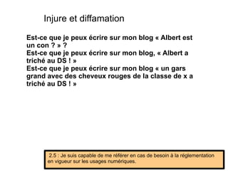 Injure et diffamation Est-ce que je peux écrire sur mon blog « Albert est un con ? » ? Est-ce que je peux écrire sur mon blog, « Albert a triché au DS ! » Est-ce que je peux écrire sur mon blog « un gars grand avec des cheveux rouges de la classe de x a triché au DS ! » 2.5 : Je suis capable de me référer en cas de besoin à la réglementation en vigueur sur les usages numériques. 