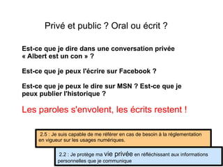 Privé et public ? Oral ou écrit ? Est-ce que je dire dans une conversation privée « Albert est un con » ?  Est-ce que je peux l'écrire sur Facebook ? Est-ce que je peux le dire sur MSN ? Est-ce que je peux publier l'historique ? 2.2 : Je protège ma  vie privée  en réfléchissant aux informations personnelles que je communique 2.5 : Je suis capable de me référer en cas de besoin à la réglementation en vigueur sur les usages numériques. Les paroles s'envolent, les écrits restent ! 
