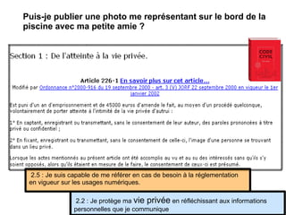 Puis-je publier une photo me représentant sur le bord de la piscine avec ma petite amie ?  2.2 : Je protège ma  vie privée  en réfléchissant aux informations personnelles que je communique 2.5 : Je suis capable de me référer en cas de besoin à la réglementation en vigueur sur les usages numériques. 