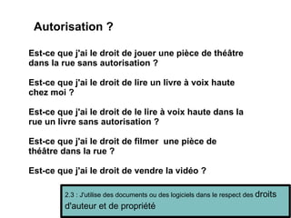 Autorisation ? Est-ce que j'ai le droit de jouer une pièce de théâtre dans la rue sans autorisation ?  Est-ce que j'ai le droit de lire un livre à voix haute chez moi ? Est-ce que j'ai le droit de le lire à voix haute dans la rue un livre sans autorisation ? Est-ce que j'ai le droit de filmer  une pièce de théâtre dans la rue ? Est-ce que j'ai le droit de vendre la vidéo ? 2.3 : J'utilise des documents ou des logiciels dans le respect des  droits d'auteur et de propriété 