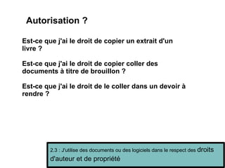 Autorisation ? Est-ce que j'ai le droit de copier un extrait d'un livre ?  Est-ce que j'ai le droit de copier coller des documents à titre de brouillon ? Est-ce que j'ai le droit de le coller dans un devoir à rendre ? 2.3 : J'utilise des documents ou des logiciels dans le respect des  droits d'auteur et de propriété 