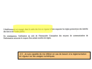 2.5 : Je suis capable de me référer en cas de besoin à la réglementation
en vigueur sur les usages numériques.
 