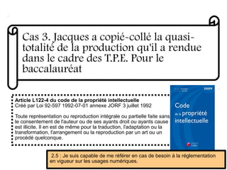 Cas 3. Jacques a copié-collé la quasi-
totalité de la production qu'il a rendue
dans le cadre des T.P.E. Pour le
baccalauréat
Article L122-4 du code de la propriété intellectuelle
Créé par Loi 92-597 1992-07-01 annexe JORF 3 juillet 1992
Toute représentation ou reproduction intégrale ou partielle faite sans
le consentement de l'auteur ou de ses ayants droit ou ayants cause
est illicite. Il en est de même pour la traduction, l'adaptation ou la
transformation, l'arrangement ou la reproduction par un art ou un
procédé quelconque.
2.5 : Je suis capable de me référer en cas de besoin à la réglementation
en vigueur sur les usages numériques.
 