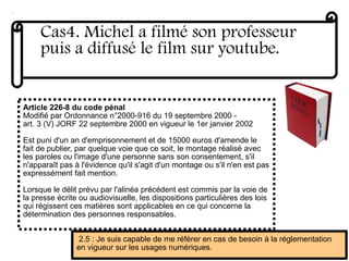 Cas4. Michel a filmé son professeur
puis a diffusé le film sur youtube.
Article 226-8 du code pénal
Modifié par Ordonnance n°2000-916 du 19 septembre 2000 -
art. 3 (V) JORF 22 septembre 2000 en vigueur le 1er janvier 2002
Est puni d'un an d'emprisonnement et de 15000 euros d'amende le
fait de publier, par quelque voie que ce soit, le montage réalisé avec
les paroles ou l'image d'une personne sans son consentement, s'il
n'apparaît pas à l'évidence qu'il s'agit d'un montage ou s'il n'en est pas
expressément fait mention.
Lorsque le délit prévu par l'alinéa précédent est commis par la voie de
la presse écrite ou audiovisuelle, les dispositions particulières des lois
qui régissent ces matières sont applicables en ce qui concerne la
détermination des personnes responsables.
2.5 : Je suis capable de me référer en cas de besoin à la réglementation
en vigueur sur les usages numériques.
 