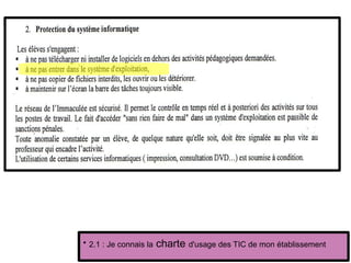 
2.1 : Je connais la charte d'usage des TIC de mon établissement
 