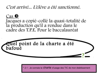 C'est arrivé... L'élève a été sanctionné.
Cas 
Jacques a copié-collé la quasi-totalité de
la production qu'il a rendue dans le
cadre des T.P.E. Pour le baccalauréat
Quel point de la charte a été
bafoué

2.1 : Je connais la charte d'usage des TIC de mon établissement
 