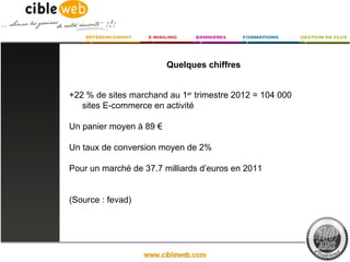 Quelques chiffres


+22 % de sites marchand au 1er trimestre 2012 = 104 000
   sites E-commerce en activité

Un panier moyen à 89 €

Un taux de conversion moyen de 2%

Pour un marché de 37.7 milliards d’euros en 2011


(Source : fevad)
 