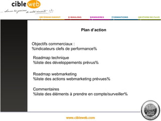 Plan d’action


Objectifs commerciaux :
%indicateurs clefs de performance%

Roadmap technique
%liste des développements prévus%

Roadmap webmarketing
%liste des actions webmarketing prévues%

Commentaires
%liste des éléments à prendre en compte/surveiller%
 