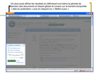 On peut aussi affiner les résultats en définissant soi-même la période de
parution des documents en faisant glisser le curseur sur la barrière temporelle
« date du publication » puis en cliquant sur « Mettre à jour »
 