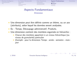 .
.
.
.
.
.
.
.
.
.
.
.
.
.
.
.
.
.
.
.
.
.
.
.
.
.
.
.
.
.
.
.
.
.
.
.
.
.
.
.
Business Intelligence La Chaîne Décisionnelle Data Warehouse Aspects Fondamentaux Conclusion
Aspects Fondamentaux
Dimension
• Une dimension peut être déﬁnie comme un thème, ou un axe
(attributs), selon lequel les données seront analysées.
• Ex : Temps, Découpage administratif, Produits.
• Une dimension contient des membres organisés en hiérarchie :
• Chacun des membres appartient à un niveau hiérarchique (ou
niveau de granularité) particulier
• Exemple : pour la dimension Temps : année - semestre - mois -
jour
L. SFAXI Formation Business Intelligence 73 / 91
 