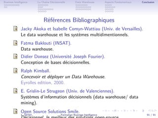 .
.
.
.
.
.
.
.
.
.
.
.
.
.
.
.
.
.
.
.
.
.
.
.
.
.
.
.
.
.
.
.
.
.
.
.
.
.
.
.
Business Intelligence La Chaîne Décisionnelle Data Warehouse Aspects Fondamentaux Conclusion
Références Bibliographiques
Jacky Akoka et Isabelle Comyn-Wattiau (Univ. de Versailles).
Le data warehouse et les systèmes multidimentionnels.
Fatma Baklouti (INSAT).
Data warehouse.
Didier Donsez (Université Joseph Fourier).
Conception de bases décisionnelles.
Ralph Kimball.
Concevoir et déployer un Data Warehouse.
Eyrolles edition, 2000.
E. Grislin-Le Strugeon (Univ. de Valenciennes).
Systèmes d’information décisionnels (data warehouse/ data
mining).
Open Source Solutions Smile.
L. SFAXI Formation Business Intelligence 91 / 91
 