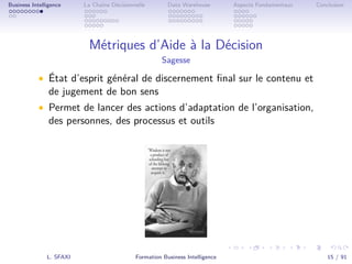 .
.
.
.
.
.
.
.
.
.
.
.
.
.
.
.
.
.
.
.
.
.
.
.
.
.
.
.
.
.
.
.
.
.
.
.
.
.
.
.
Business Intelligence La Chaîne Décisionnelle Data Warehouse Aspects Fondamentaux Conclusion
Métriques d’Aide à la Décision
Sagesse
• État d’esprit général de discernement ﬁnal sur le contenu et
de jugement de bon sens
• Permet de lancer des actions d’adaptation de l’organisation,
des personnes, des processus et outils
L. SFAXI Formation Business Intelligence 15 / 91
 