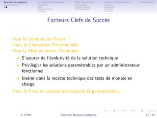 .
.
.
.
.
.
.
.
.
.
.
.
.
.
.
.
.
.
.
.
.
.
.
.
.
.
.
.
.
.
.
.
.
.
.
.
.
.
.
.
Business Intelligence La Chaîne Décisionnelle Data Warehouse Aspects Fondamentaux Conclusion
Facteurs Clefs de Succès
Pour la Conduite de Projet
Dans la Conception Fonctionnelle
Pour la Mise en œuvre Technique
• S’assurer de l’évolutivité de la solution technique
• Privilégier les solutions paramétrables par un administrateur
fonctionnel
• Insérer dans la recette technique des tests de montée en
charge
Dans la Prise en compte des Impacts Organisationnels
L. SFAXI Formation Business Intelligence 17 / 91
 