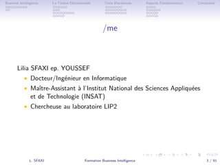 .
.
.
.
.
.
.
.
.
.
.
.
.
.
.
.
.
.
.
.
.
.
.
.
.
.
.
.
.
.
.
.
.
.
.
.
.
.
.
.
Business Intelligence La Chaîne Décisionnelle Data Warehouse Aspects Fondamentaux Conclusion
/me
Lilia SFAXI ep. YOUSSEF
• Docteur/Ingénieur en Informatique
• Maître-Assistant à l’Institut National des Sciences Appliquées
et de Technologie (INSAT)
• Chercheuse au laboratoire LIP2
L. SFAXI Formation Business Intelligence 3 / 91
 