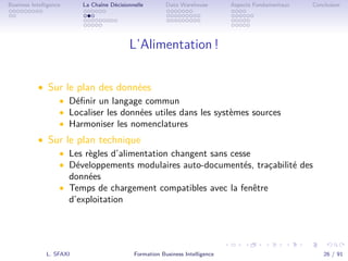 .
.
.
.
.
.
.
.
.
.
.
.
.
.
.
.
.
.
.
.
.
.
.
.
.
.
.
.
.
.
.
.
.
.
.
.
.
.
.
.
Business Intelligence La Chaîne Décisionnelle Data Warehouse Aspects Fondamentaux Conclusion
L’Alimentation !
• Sur le plan des données
• Déﬁnir un langage commun
• Localiser les données utiles dans les systèmes sources
• Harmoniser les nomenclatures
• Sur le plan technique
• Les règles d’alimentation changent sans cesse
• Développements modulaires auto-documentés, traçabilité des
données
• Temps de chargement compatibles avec la fenêtre
d’exploitation
L. SFAXI Formation Business Intelligence 26 / 91
 