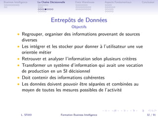 .
.
.
.
.
.
.
.
.
.
.
.
.
.
.
.
.
.
.
.
.
.
.
.
.
.
.
.
.
.
.
.
.
.
.
.
.
.
.
.
Business Intelligence La Chaîne Décisionnelle Data Warehouse Aspects Fondamentaux Conclusion
Entrepôts de Données
Objectifs
• Regrouper, organiser des informations provenant de sources
diverses
• Les intégrer et les stocker pour donner à l’utilisateur une vue
orientée métier
• Retrouver et analyser l’information selon plusieurs critères
• Transformer un système d’information qui avait une vocation
de production en un SI décisionnel
• Doit contenir des informations cohérentes
• Les données doivent pouvoir être séparées et combinées au
moyen de toutes les mesures possibles de l’activité
L. SFAXI Formation Business Intelligence 32 / 91
 
